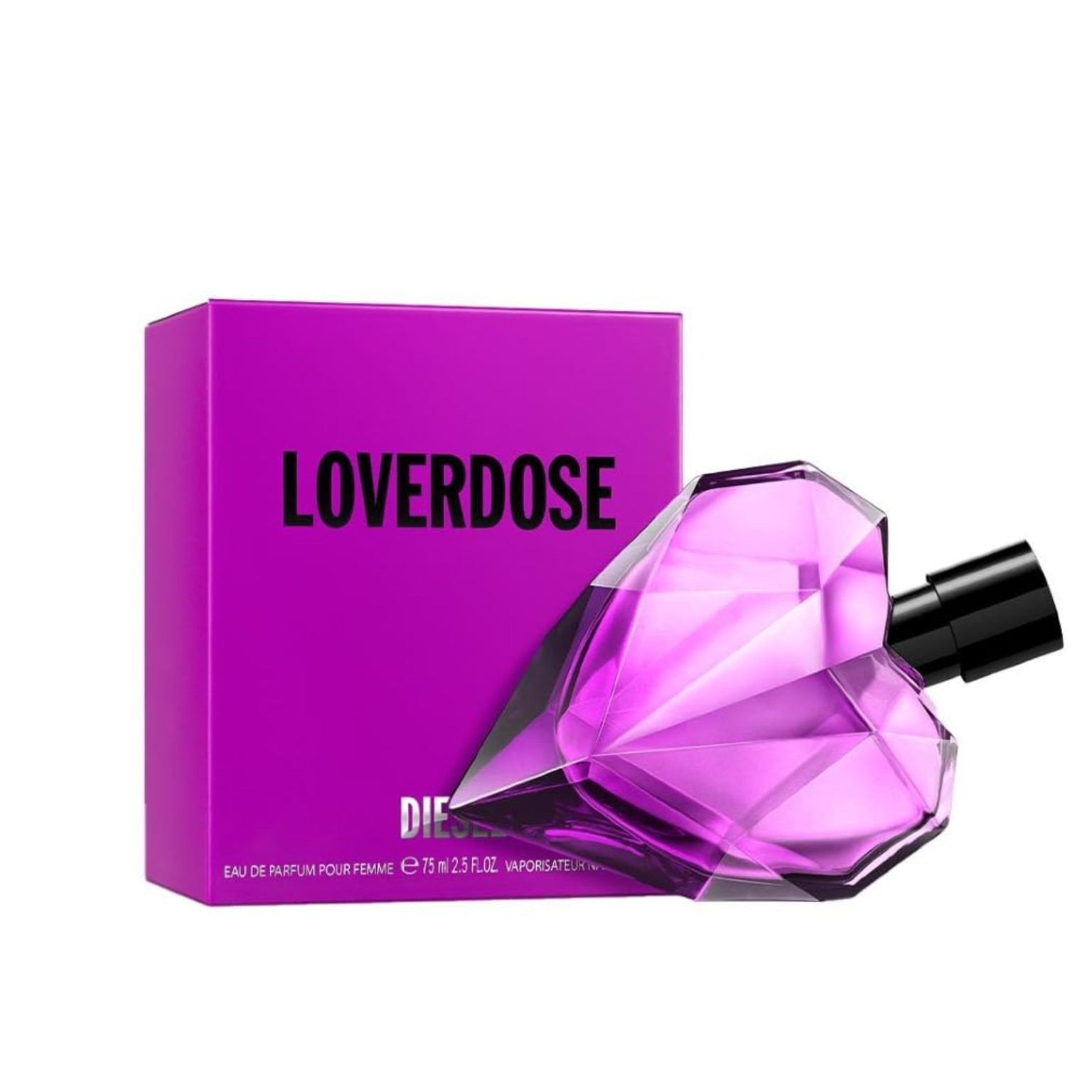 Diesel Loverdose Eau de Parfum para mujer, frasco morado con forma de corazón y caja fucsia