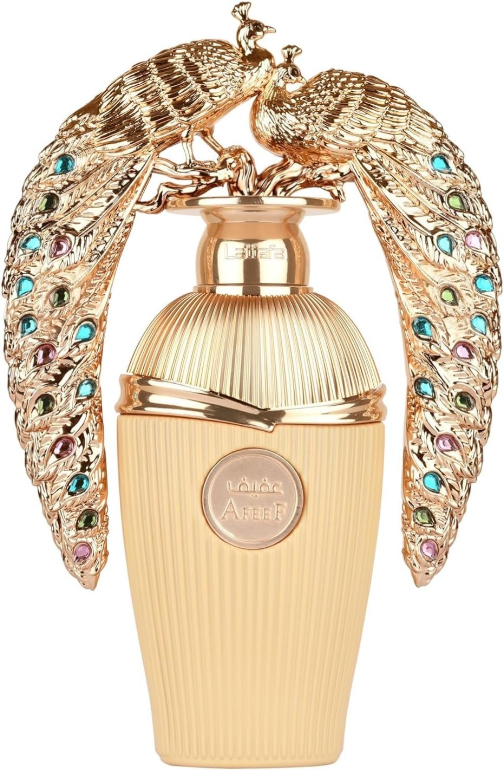 Lattafa Afeef Eau de Parfum, frasco dorado con dos pavos reales decorativos
