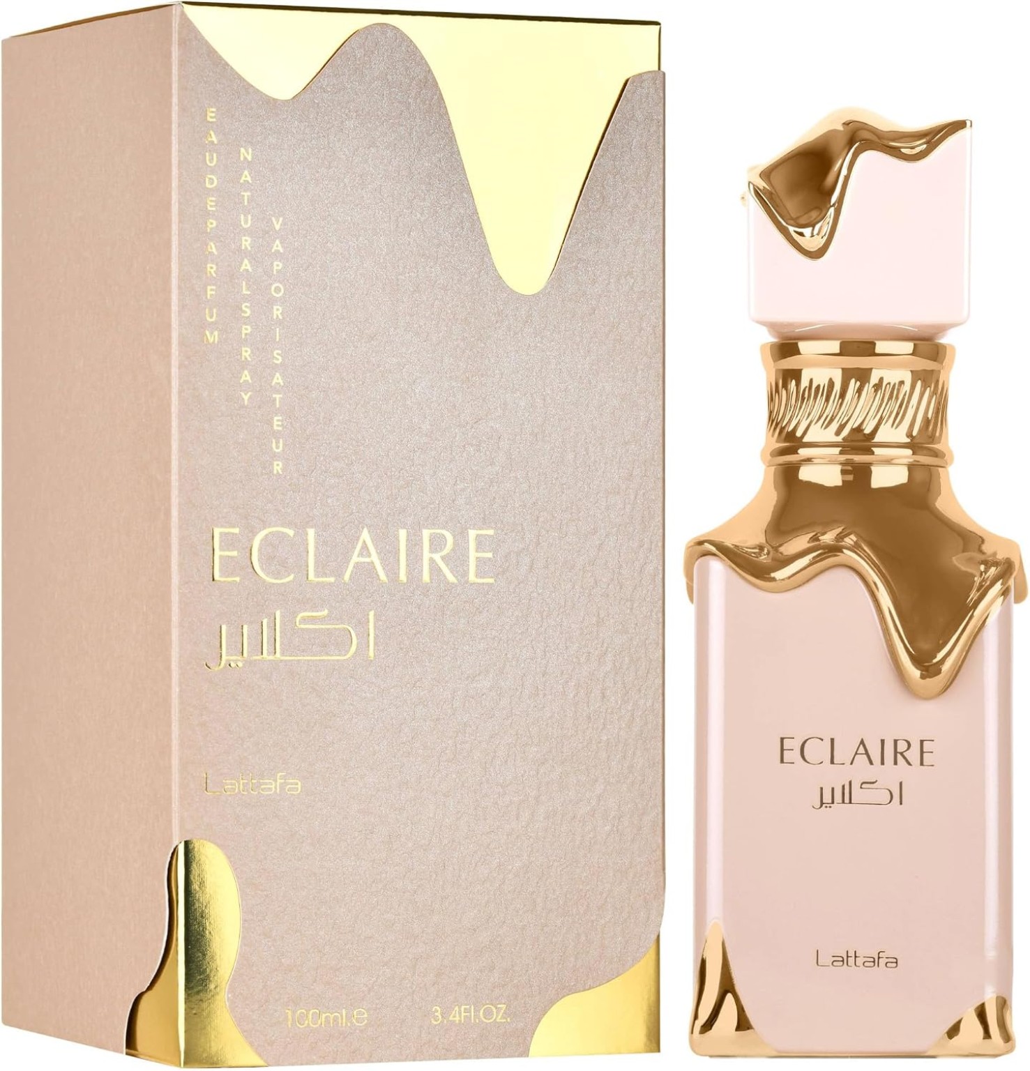 Lattafa Eclaire Eau de Parfum para mujer, botella rosa y dorada con caja beige