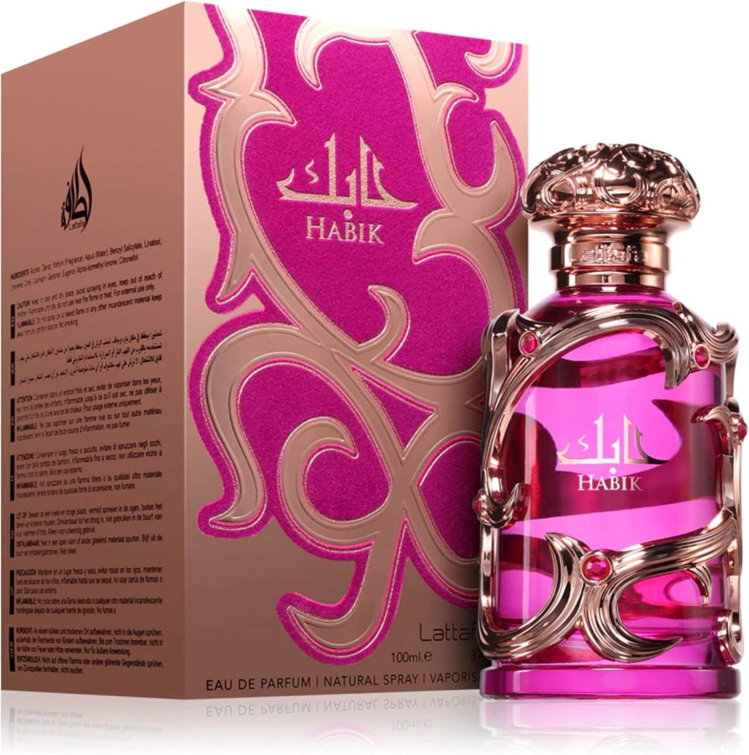 Lattafa Habik Women Eau de Parfum perfume fucsia y dorado