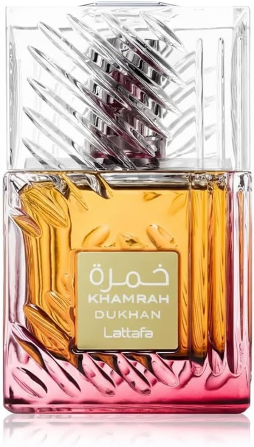 Lattafa Khamrah Dukhan Eau de Parfum 100 ml, frasco ámbar y rosa