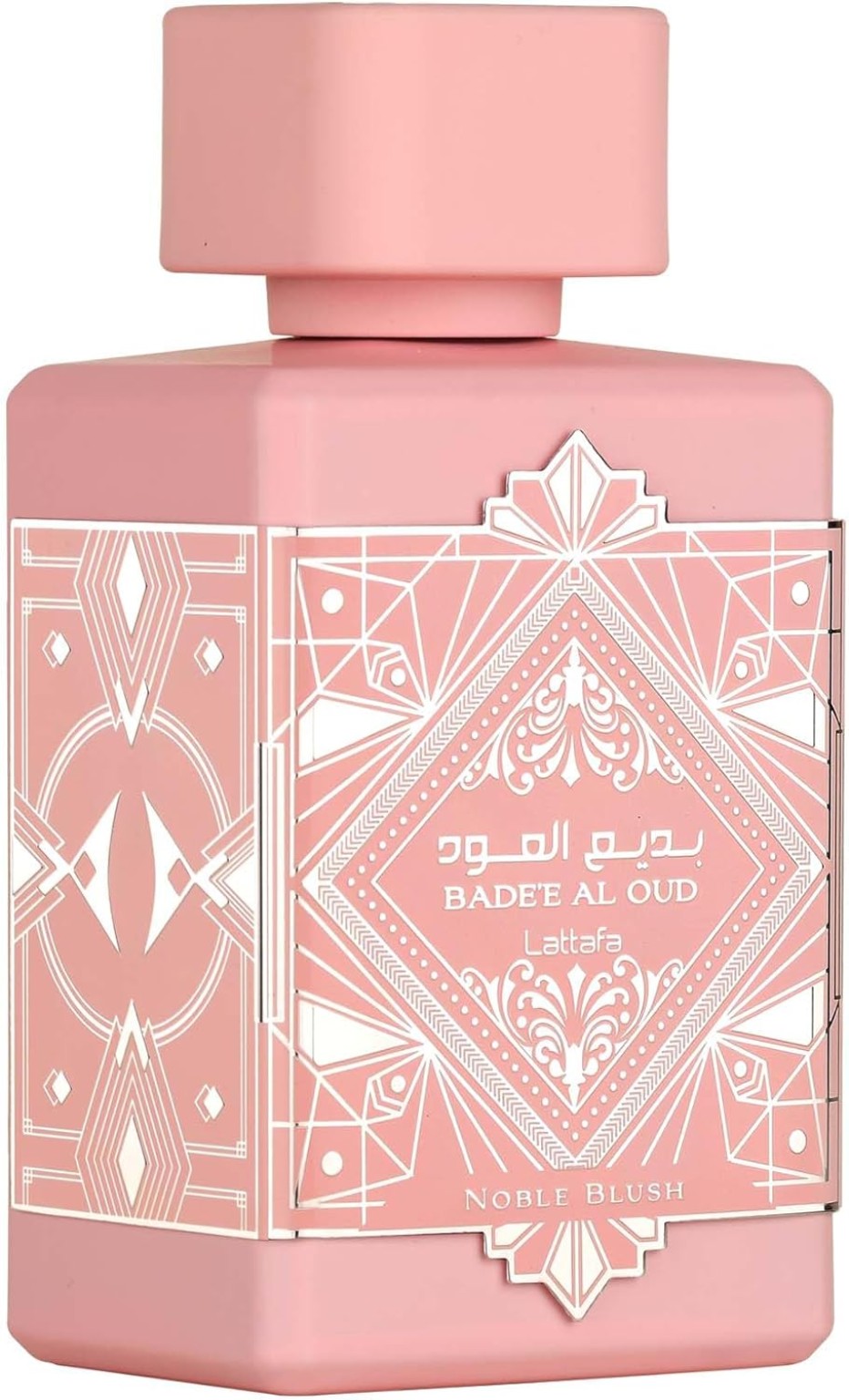 Lattafa Badee Al Oud Noble Blush Eau de Parfum, frasco rosa con diseño geométrico blanco